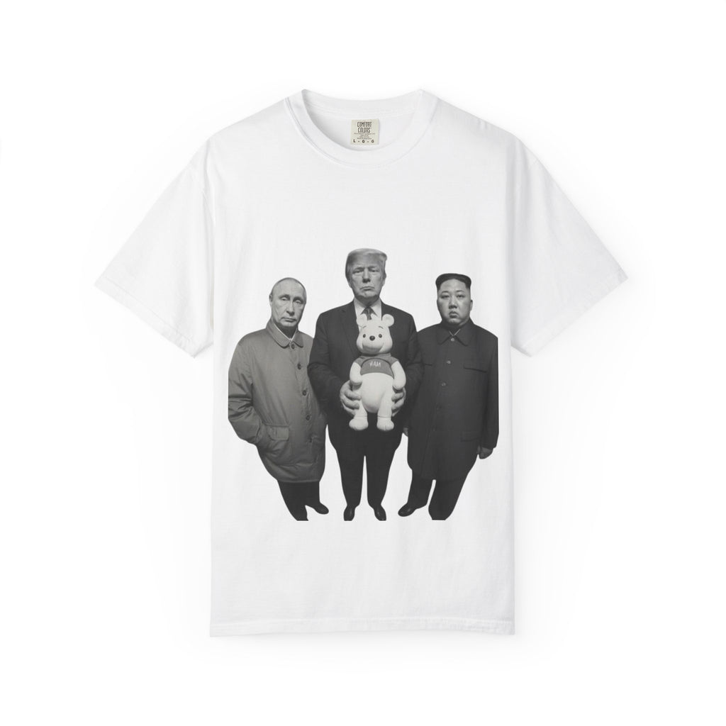 Satirical Political Photo Tee — Leaders Holding Teddy Bear Graphic T-Shirt