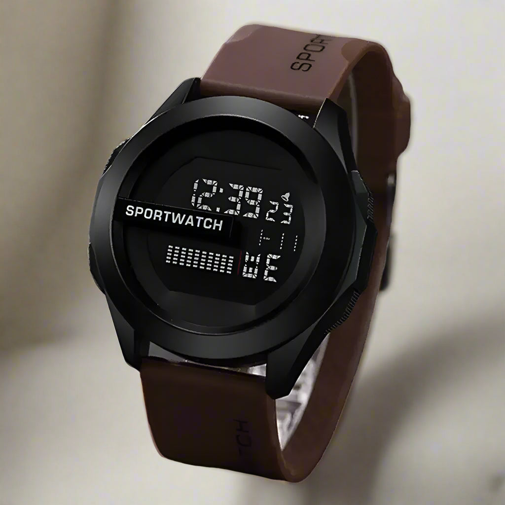 Digital sports watch with a brown strap on a white background