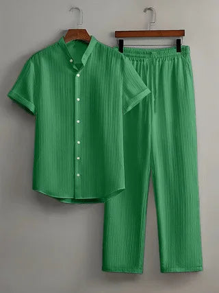 Men’s White Linen Two-Piece Outfit – Summer Short Sleeve Shirt & Drawstring Pants | Casual Travel & Outdoor Suit