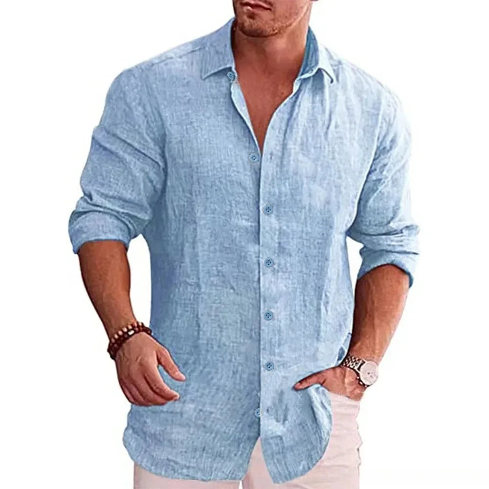Cotton Linen Men’s Long Sleeve Shirt | Solid Color Casual Plus Size Autumn Fashion