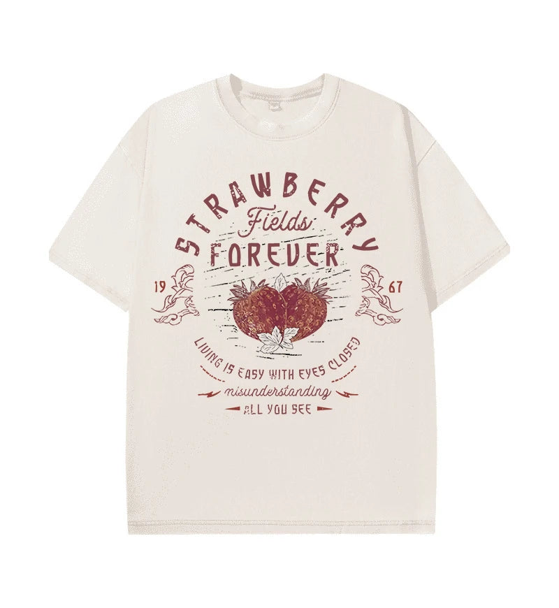 "Vintage Band Tees | Beatles Strawberry Fields Rock Shirt 100% Cotton Y2K Streetwear Top"
