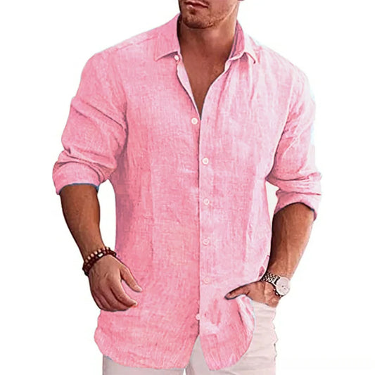 Cotton Linen Men’s Long Sleeve Shirt | Solid Color Casual Plus Size Autumn Fashion