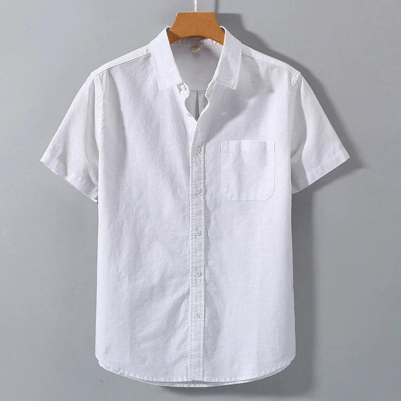 Men’s Summer Cotton Short Sleeve Shirt – Solid Color, Stand Collar, Oversized, Breathable with Pocket