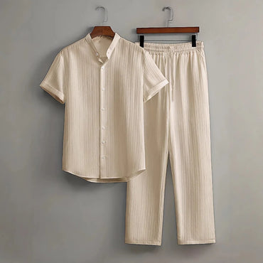 Men’s White Linen Two-Piece Outfit – Summer Short Sleeve Shirt & Drawstring Pants | Casual Travel & Outdoor Suit