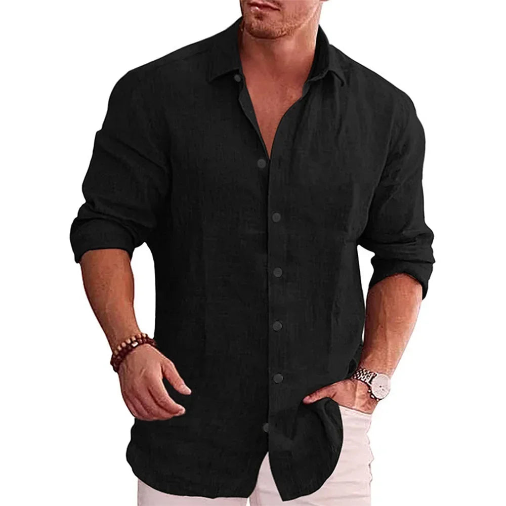 Cotton Linen Men’s Long Sleeve Shirt | Solid Color Casual Plus Size Autumn Fashion