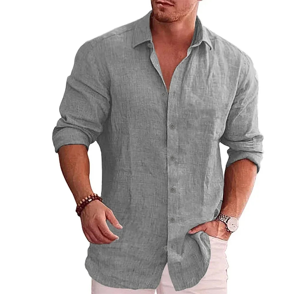 Cotton Linen Men’s Long Sleeve Shirt | Solid Color Casual Plus Size Autumn Fashion
