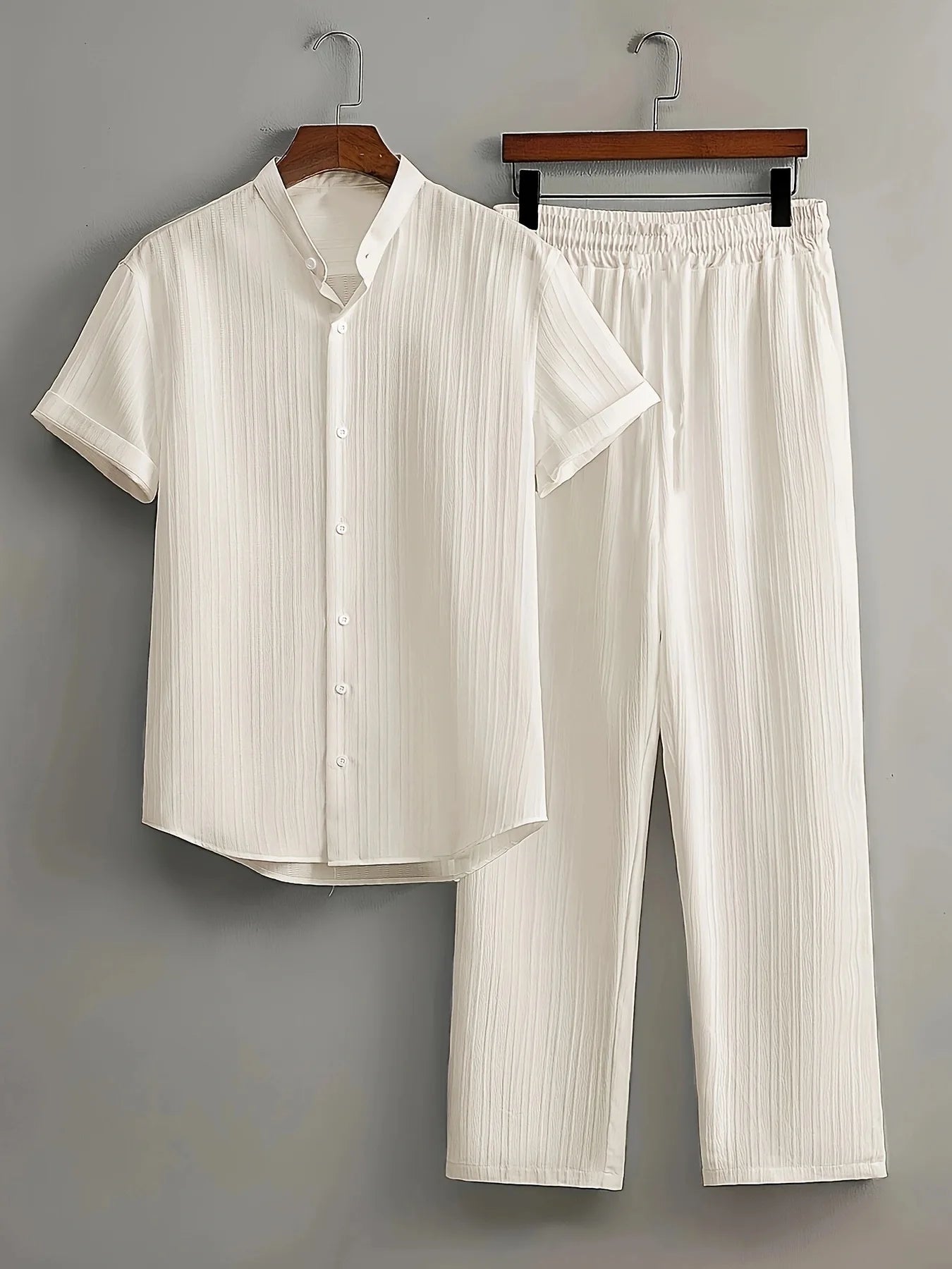 Men’s White Linen Two-Piece Outfit – Summer Short Sleeve Shirt & Drawstring Pants | Casual Travel & Outdoor Suit