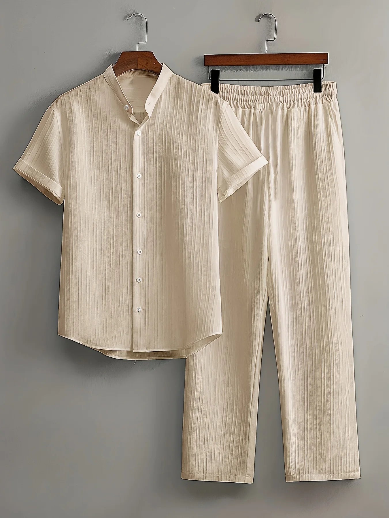 Men’s White Linen Two-Piece Outfit – Summer Short Sleeve Shirt & Drawstring Pants | Casual Travel & Outdoor Suit