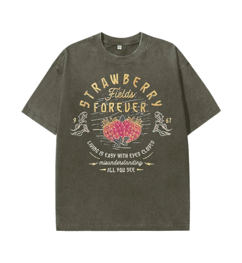 "Vintage Band Tees | Beatles Strawberry Fields Rock Shirt 100% Cotton Y2K Streetwear Top"