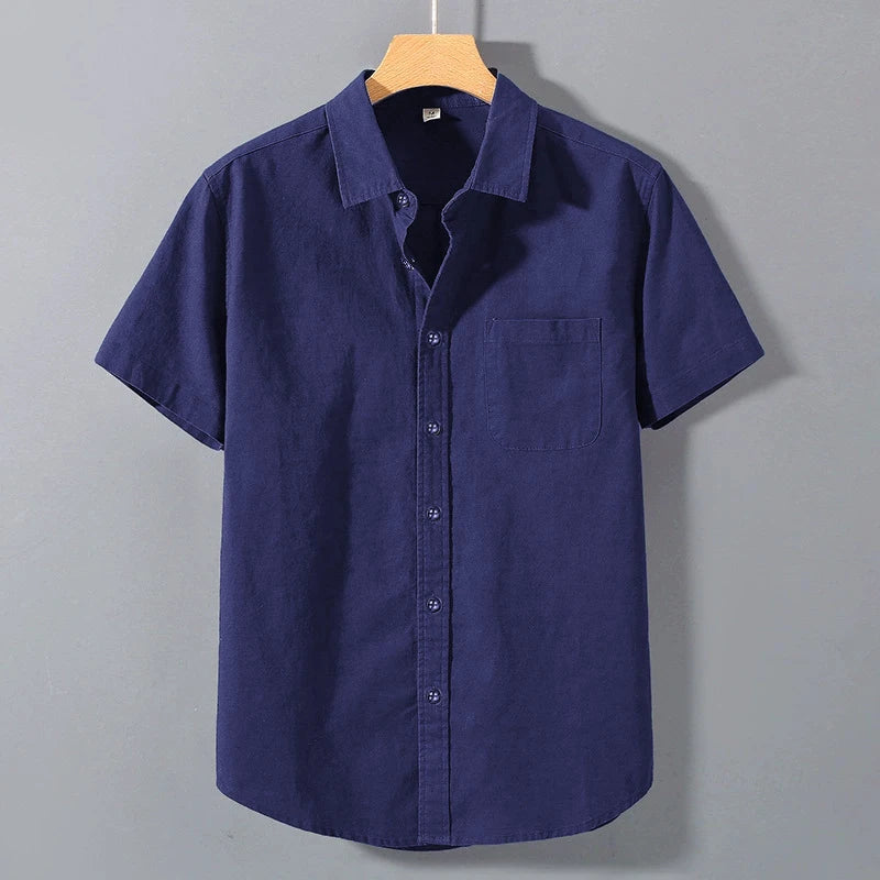 Men’s Summer Cotton Short Sleeve Shirt – Solid Color, Stand Collar, Oversized, Breathable with Pocket