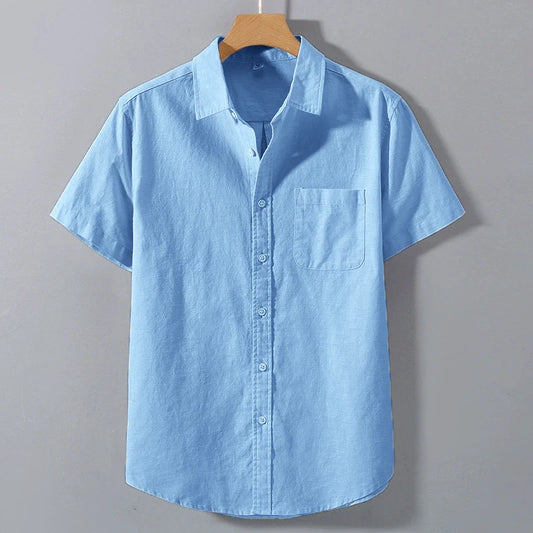 Men’s Summer Cotton Short Sleeve Shirt – Solid Color, Stand Collar, Oversized, Breathable with Pocket