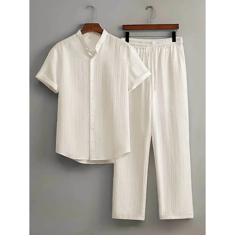 Men’s White Linen Two-Piece Outfit – Summer Short Sleeve Shirt & Drawstring Pants | Casual Travel & Outdoor Suit