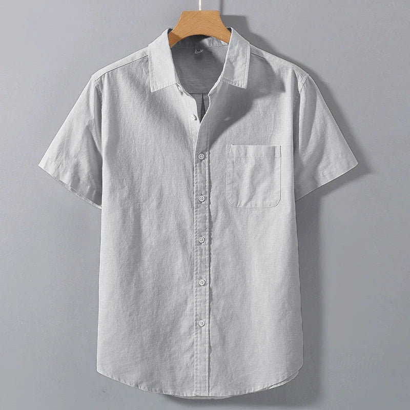 Men’s Summer Cotton Short Sleeve Shirt – Solid Color, Stand Collar, Oversized, Breathable with Pocket