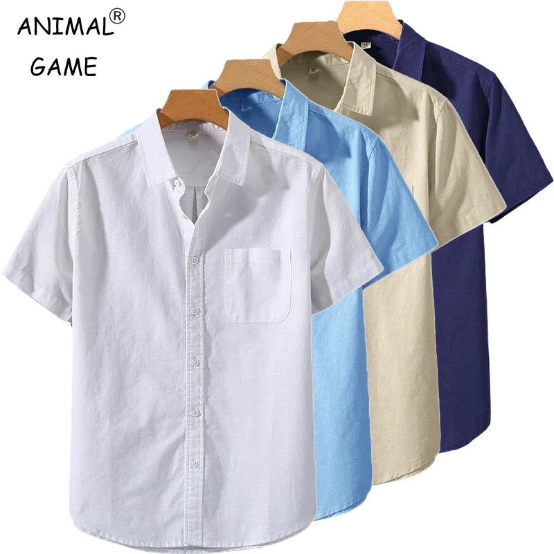 Men’s Summer Cotton Short Sleeve Shirt – Solid Color, Stand Collar, Oversized, Breathable with Pocket