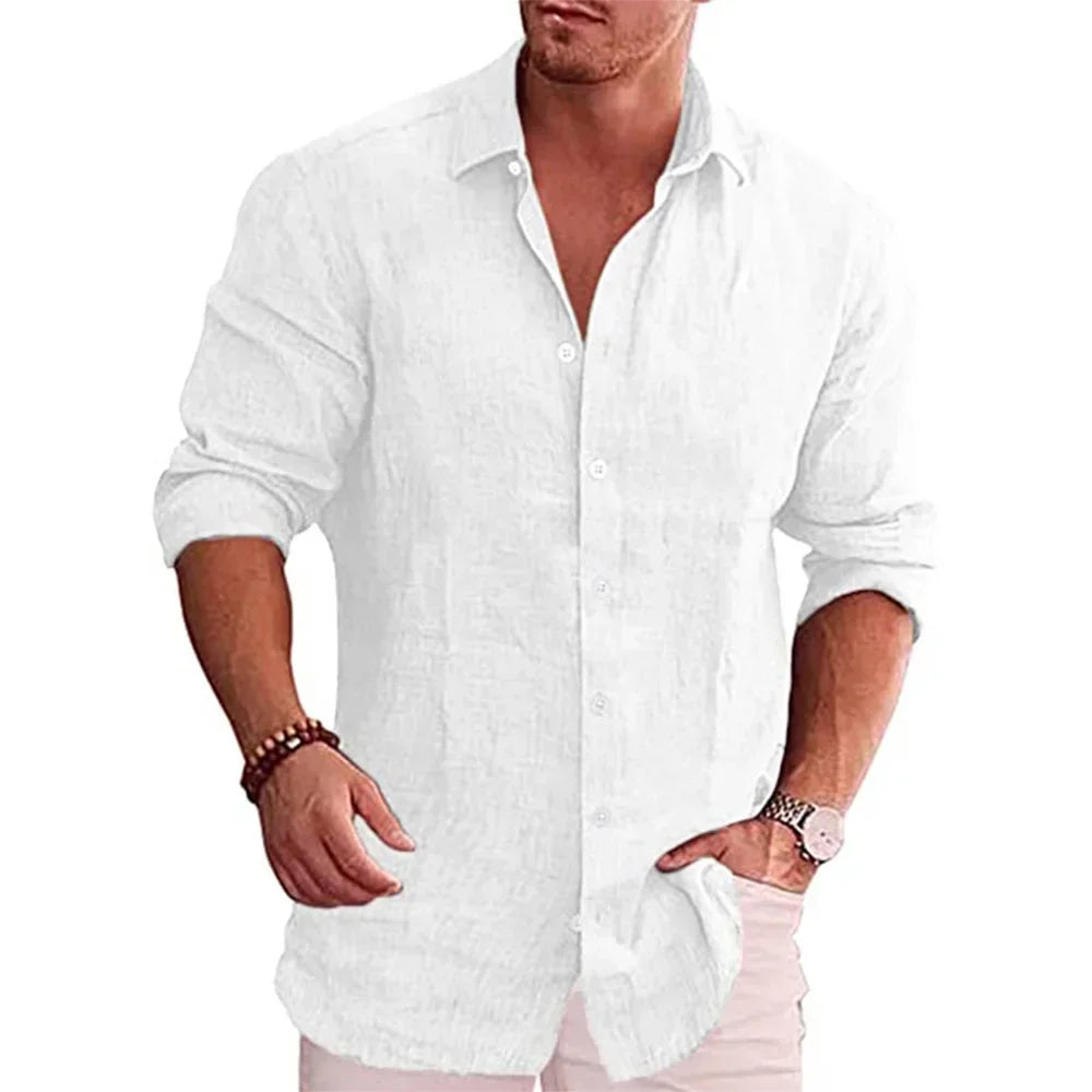 Cotton Linen Men’s Long Sleeve Shirt | Solid Color Casual Plus Size Autumn Fashion