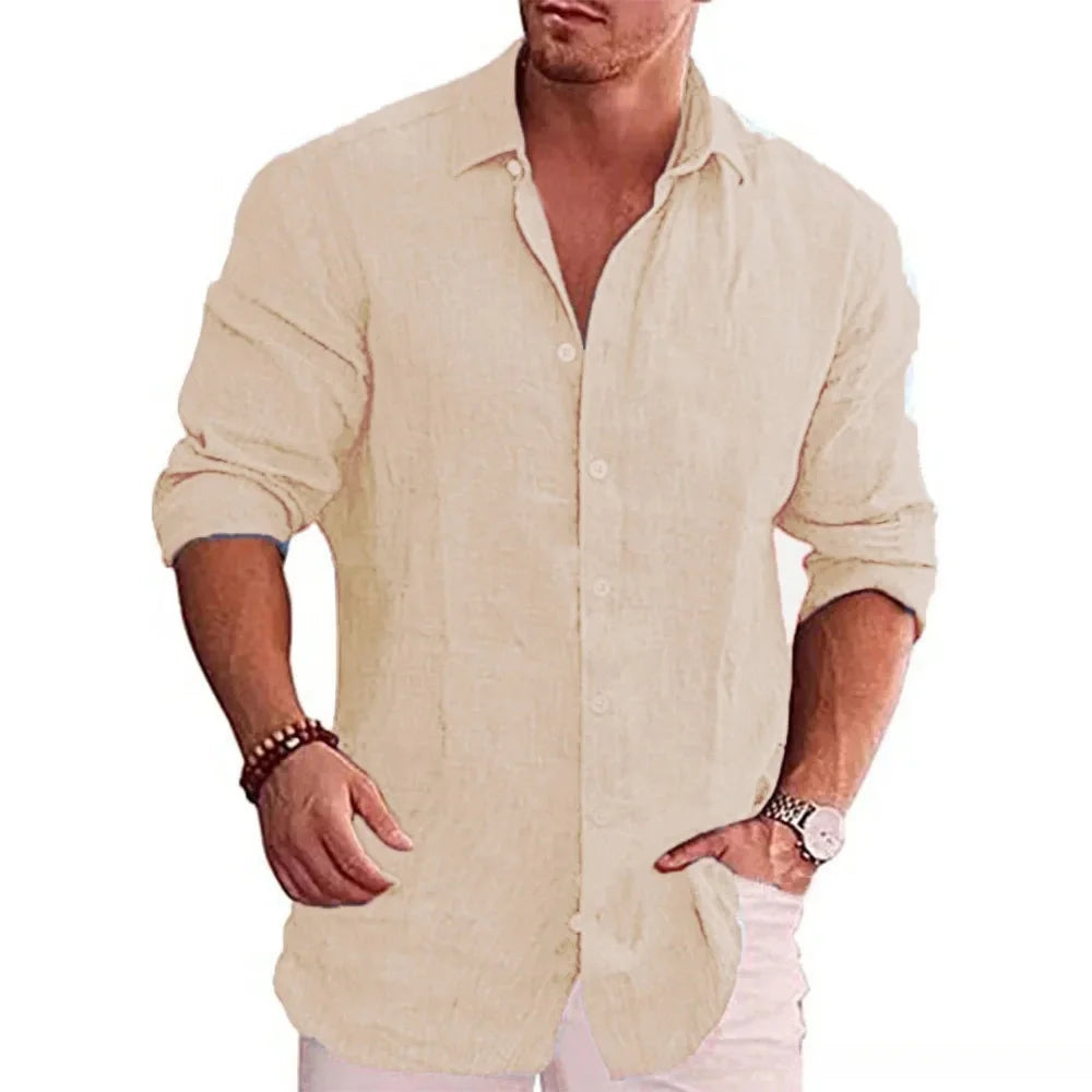 Cotton Linen Men’s Long Sleeve Shirt | Solid Color Casual Plus Size Autumn Fashion