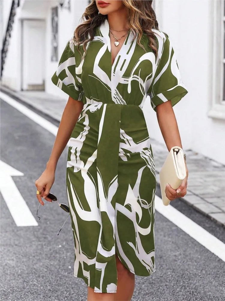 Casual Dresses For Women Summer Fashion Short Sleeve V - Neck Elegant Pullover Printed Women's High Waist Irregular Split Dress - TheGlamTrend14:100010417;5:361385CyanLCasual Dresses For Women Summer Fashion Short Sleeve V - Neck Elegant Pullover Printed Women's High Waist Irregular Split Dress