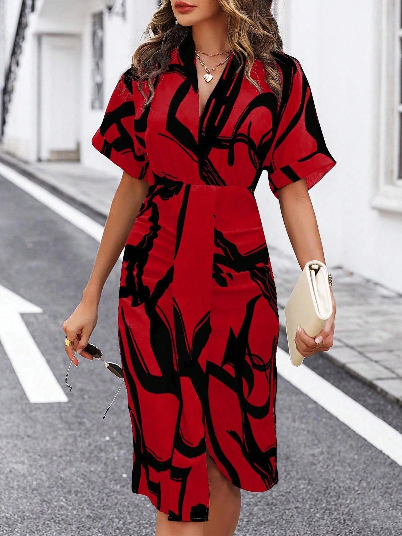 Casual Dresses For Women Summer Fashion Short Sleeve V - Neck Elegant Pullover Printed Women's High Waist Irregular Split Dress - TheGlamTrend14:10;5:100014064RedSCasual Dresses For Women Summer Fashion Short Sleeve V - Neck Elegant Pullover Printed Women's High Waist Irregular Split Dress