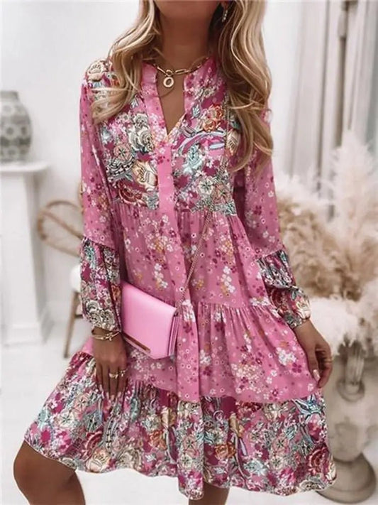 Casual Floral Print Dresses For Women 2024 Sping Summer Boho V Neck Delicate Loose A Line Elegant Beach Party Dress Robe Femme - TheGlamTrend14:1052;5:4182PinkXXLCasual Floral Print Dresses For Women 2024 Sping Summer Boho V Neck Delicate Loose A Line Elegant Beach Party Dress Robe Femme