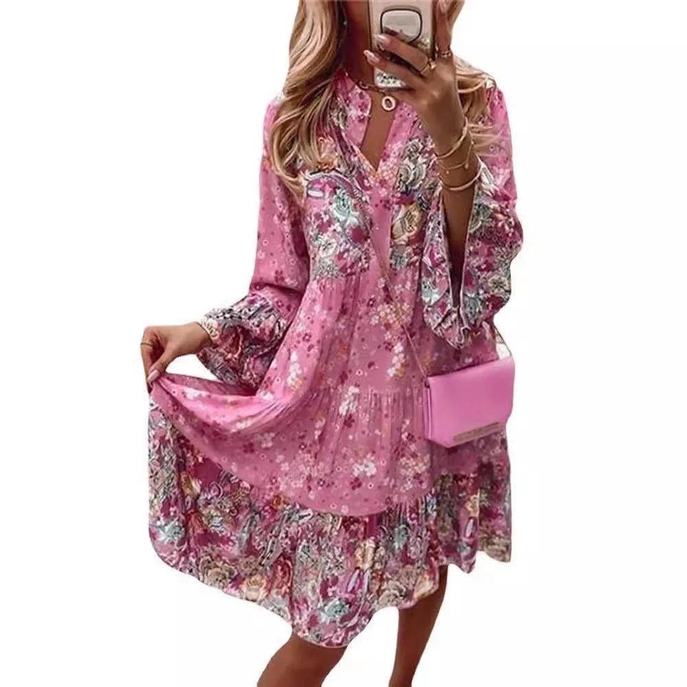 Casual Floral Print Dresses For Women 2024 Sping Summer Boho V Neck Delicate Loose A Line Elegant Beach Party Dress Robe Femme - TheGlamTrend14:1052;5:4182PinkXXLCasual Floral Print Dresses For Women 2024 Sping Summer Boho V Neck Delicate Loose A Line Elegant Beach Party Dress Robe Femme