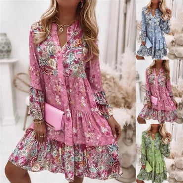 Casual Floral Print Dresses For Women 2024 Sping Summer Boho V Neck Delicate Loose A Line Elegant Beach Party Dress Robe Femme - TheGlamTrend14:1052;5:4182PinkXXLCasual Floral Print Dresses For Women 2024 Sping Summer Boho V Neck Delicate Loose A Line Elegant Beach Party Dress Robe Femme