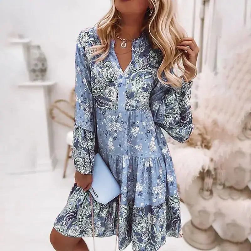 Casual Floral Print Dresses For Women 2024 Sping Summer Boho V Neck Delicate Loose A Line Elegant Beach Party Dress Robe Femme - TheGlamTrend14:173;5:4183BlueXXXLCasual Floral Print Dresses For Women 2024 Sping Summer Boho V Neck Delicate Loose A Line Elegant Beach Party Dress Robe Femme