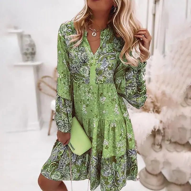 Casual Floral Print Dresses For Women 2024 Sping Summer Boho V Neck Delicate Loose A Line Elegant Beach Party Dress Robe Femme - TheGlamTrend14:175;5:100014064greenSCasual Floral Print Dresses For Women 2024 Sping Summer Boho V Neck Delicate Loose A Line Elegant Beach Party Dress Robe Femme