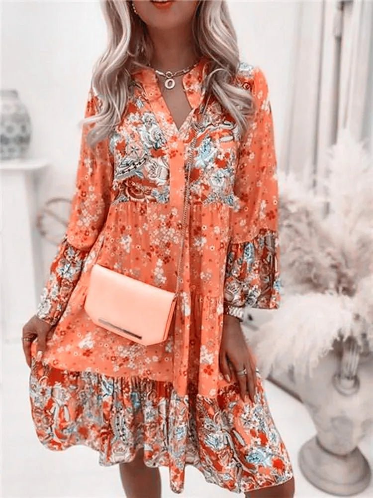 Casual Floral Print Dresses For Women 2024 Sping Summer Boho V Neck Delicate Loose A Line Elegant Beach Party Dress Robe Femme - TheGlamTrend14:350852;5:361385OrangeLCasual Floral Print Dresses For Women 2024 Sping Summer Boho V Neck Delicate Loose A Line Elegant Beach Party Dress Robe Femme