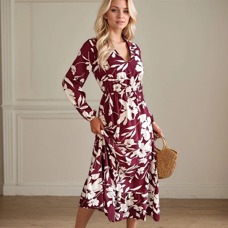 Casual Flower Waist Dress For Women Elegant V Neck Floral Print Long Sleeves High Tight Waist A - line Flowy Ruffle Hem Midi Dress - TheGlamTrend14:10Wine Red;5:361385LWine RedCasual Flower Waist Dress For Women Elegant V Neck Floral Print Long Sleeves High Tight Waist A - line Flowy Ruffle Hem Midi Dress