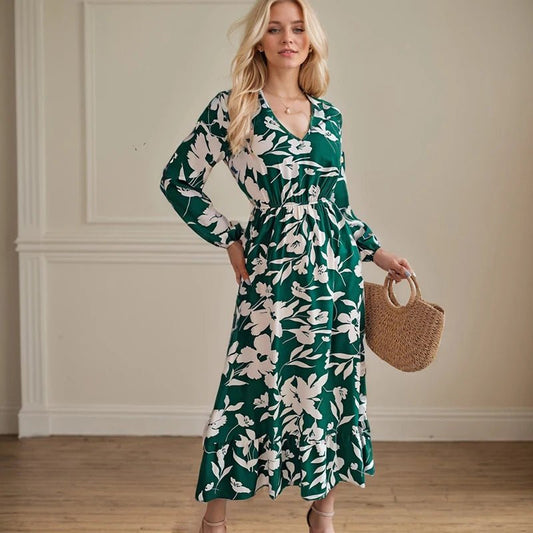 Casual Flower Waist Dress For Women Elegant V Neck Floral Print Long Sleeves High Tight Waist A - line Flowy Ruffle Hem Midi Dress - TheGlamTrend14:175green;5:100014064SgreenCasual Flower Waist Dress For Women Elegant V Neck Floral Print Long Sleeves High Tight Waist A - line Flowy Ruffle Hem Midi Dress