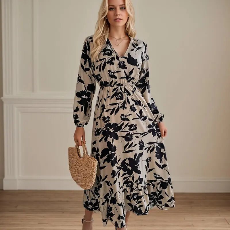 Casual Flower Waist Dress For Women Elegant V Neck Floral Print Long Sleeves High Tight Waist A - line Flowy Ruffle Hem Midi Dress - TheGlamTrend14:200001438khaki;5:361385LkhakiCasual Flower Waist Dress For Women Elegant V Neck Floral Print Long Sleeves High Tight Waist A - line Flowy Ruffle Hem Midi Dress