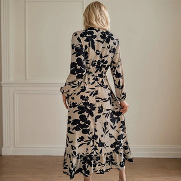 Casual Flower Waist Dress For Women Elegant V Neck Floral Print Long Sleeves High Tight Waist A - line Flowy Ruffle Hem Midi Dress - TheGlamTrend14:200001438khaki;5:361385LkhakiCasual Flower Waist Dress For Women Elegant V Neck Floral Print Long Sleeves High Tight Waist A - line Flowy Ruffle Hem Midi Dress