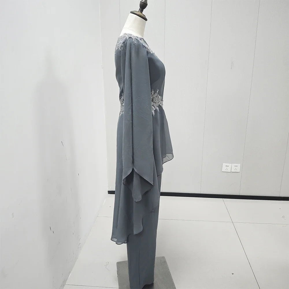 Casual Grey Women Evening Dresses Appliques O - Neck Long Sleeve 2 Piece Tops With Pants Sets Elegant Female Prom Dress 2025 - TheGlamTrend14:771picture color;200000443:151picture color2Casual Grey Women Evening Dresses Appliques O - Neck Long Sleeve 2 Piece Tops With Pants Sets Elegant Female Prom Dress 2025