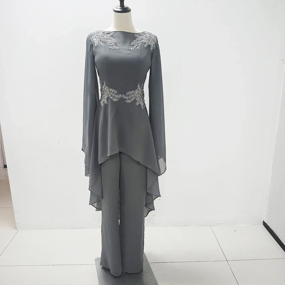 Casual Grey Women Evening Dresses Appliques O - Neck Long Sleeve 2 Piece Tops With Pants Sets Elegant Female Prom Dress 2025 - TheGlamTrend14:771picture color;200000443:151picture color2Casual Grey Women Evening Dresses Appliques O - Neck Long Sleeve 2 Piece Tops With Pants Sets Elegant Female Prom Dress 2025