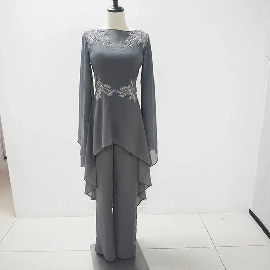 Casual Grey Women Evening Dresses Appliques O - Neck Long Sleeve 2 Piece Tops With Pants Sets Elegant Female Prom Dress 2025 - TheGlamTrend14:771picture color;200000443:151picture color2Casual Grey Women Evening Dresses Appliques O - Neck Long Sleeve 2 Piece Tops With Pants Sets Elegant Female Prom Dress 2025