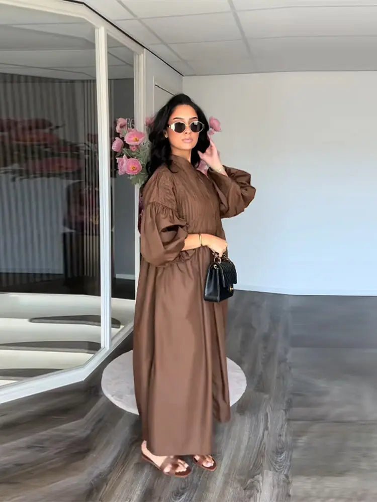 Casual Long Dress Women Loose O Neck Single Breasted Long Sleeves High Waist Robe Female 2025 Summer Fashion Solid Dresses Lady - TheGlamTrend14:350850blue;5:361386blueMCasual Long Dress Women Loose O Neck Single Breasted Long Sleeves High Waist Robe Female 2025 Summer Fashion Solid Dresses Lady