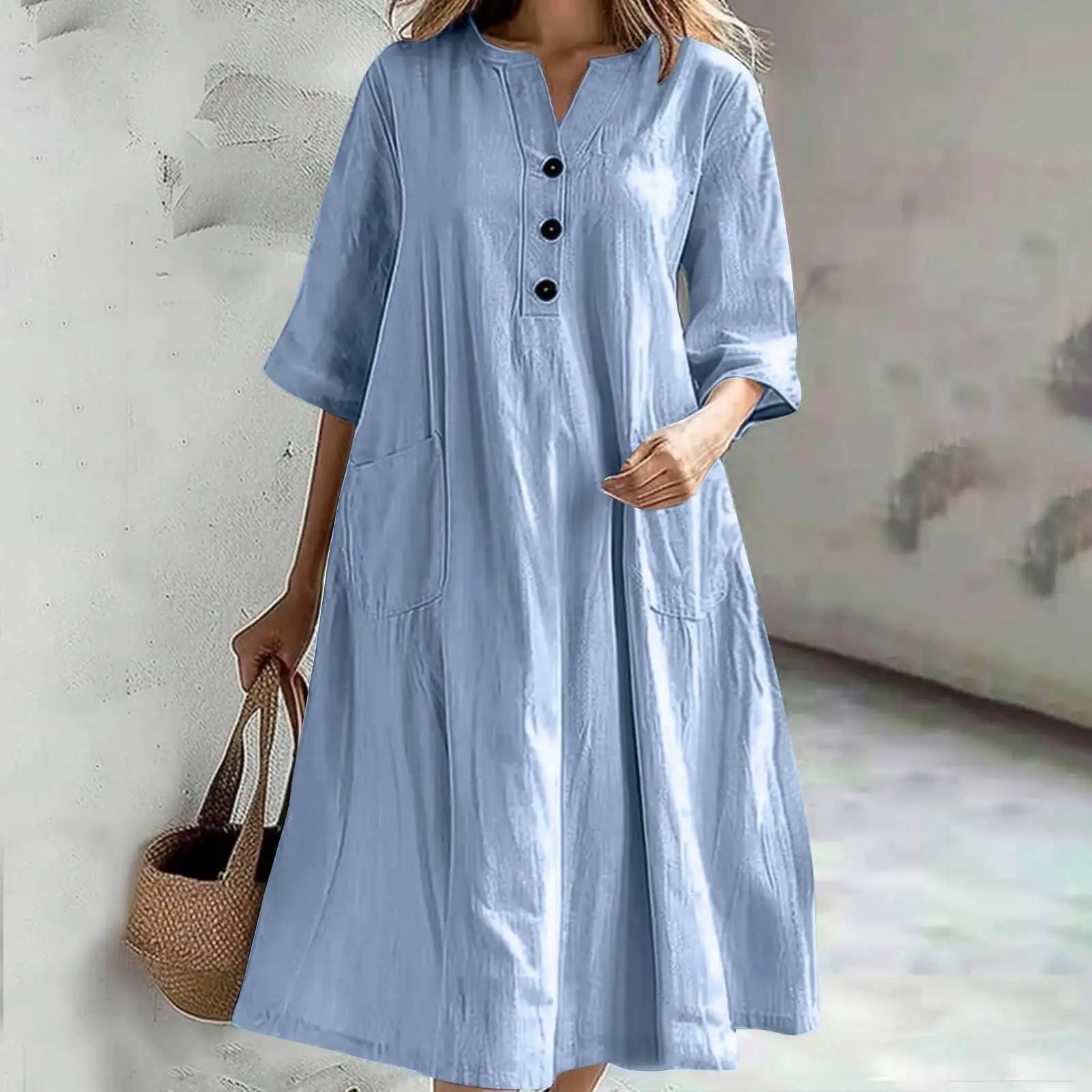 Casual Loose Cotton Long Dress Women Spring Summer 2025 Fashion Half Sleeve V - Neck Pocket Midi Dresses Elegant Party Vestidos - TheGlamTrend14:13978534;5:100014065Light BlueXLCasual Loose Cotton Long Dress Women Spring Summer 2025 Fashion Half Sleeve V - Neck Pocket Midi Dresses Elegant Party Vestidos