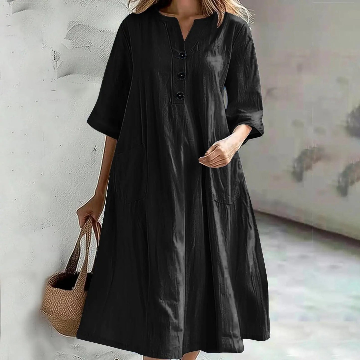 Casual Loose Cotton Long Dress Women Spring Summer 2025 Fashion Half Sleeve V - Neck Pocket Midi Dresses Elegant Party Vestidos - TheGlamTrend14:193;5:361385blackLCasual Loose Cotton Long Dress Women Spring Summer 2025 Fashion Half Sleeve V - Neck Pocket Midi Dresses Elegant Party Vestidos