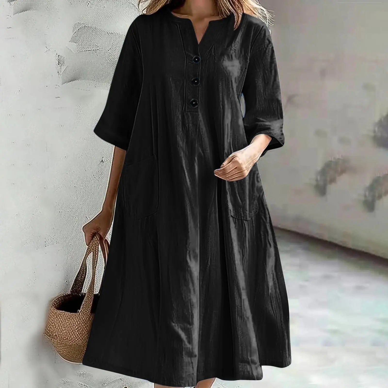 Casual Loose Cotton Long Dress Women Spring Summer 2025 Fashion Half Sleeve V - Neck Pocket Midi Dresses Elegant Party Vestidos - TheGlamTrend14:193;5:361385blackLCasual Loose Cotton Long Dress Women Spring Summer 2025 Fashion Half Sleeve V - Neck Pocket Midi Dresses Elegant Party Vestidos