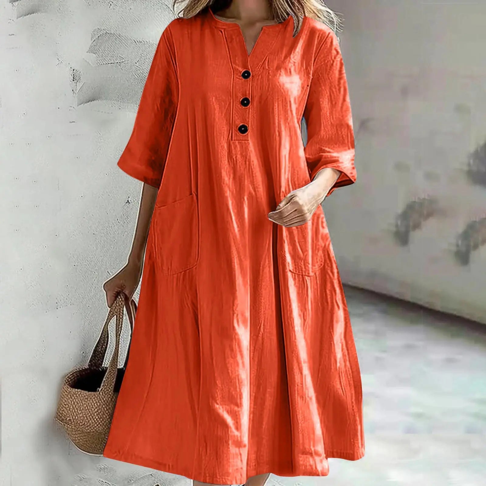 Casual Loose Cotton Long Dress Women Spring Summer 2025 Fashion Half Sleeve V - Neck Pocket Midi Dresses Elegant Party Vestidos - TheGlamTrend14:350852;5:361386OrangeMCasual Loose Cotton Long Dress Women Spring Summer 2025 Fashion Half Sleeve V - Neck Pocket Midi Dresses Elegant Party Vestidos
