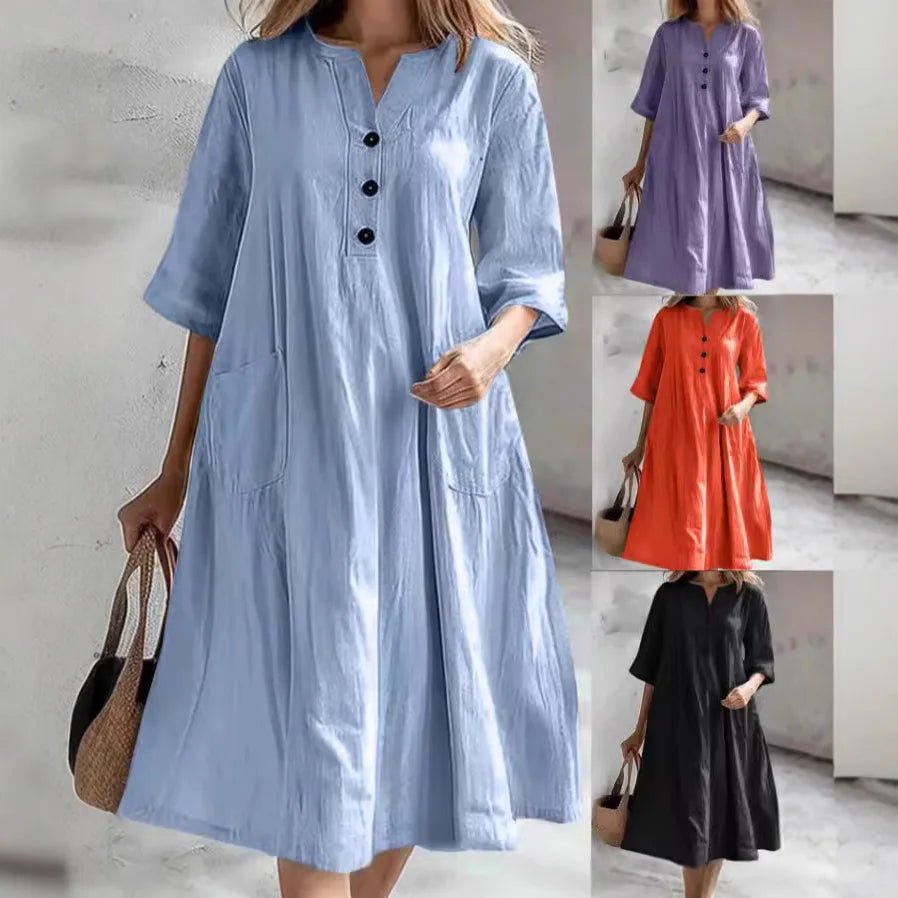 Casual Loose Cotton Long Dress Women Spring Summer 2025 Fashion Half Sleeve V - Neck Pocket Midi Dresses Elegant Party Vestidos - TheGlamTrend14:496;5:100014064PURPLESCasual Loose Cotton Long Dress Women Spring Summer 2025 Fashion Half Sleeve V - Neck Pocket Midi Dresses Elegant Party Vestidos