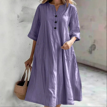 Casual Loose Cotton Long Dress Women Spring Summer 2025 Fashion Half Sleeve V - Neck Pocket Midi Dresses Elegant Party Vestidos - TheGlamTrend14:496;5:100014064PURPLESCasual Loose Cotton Long Dress Women Spring Summer 2025 Fashion Half Sleeve V - Neck Pocket Midi Dresses Elegant Party Vestidos