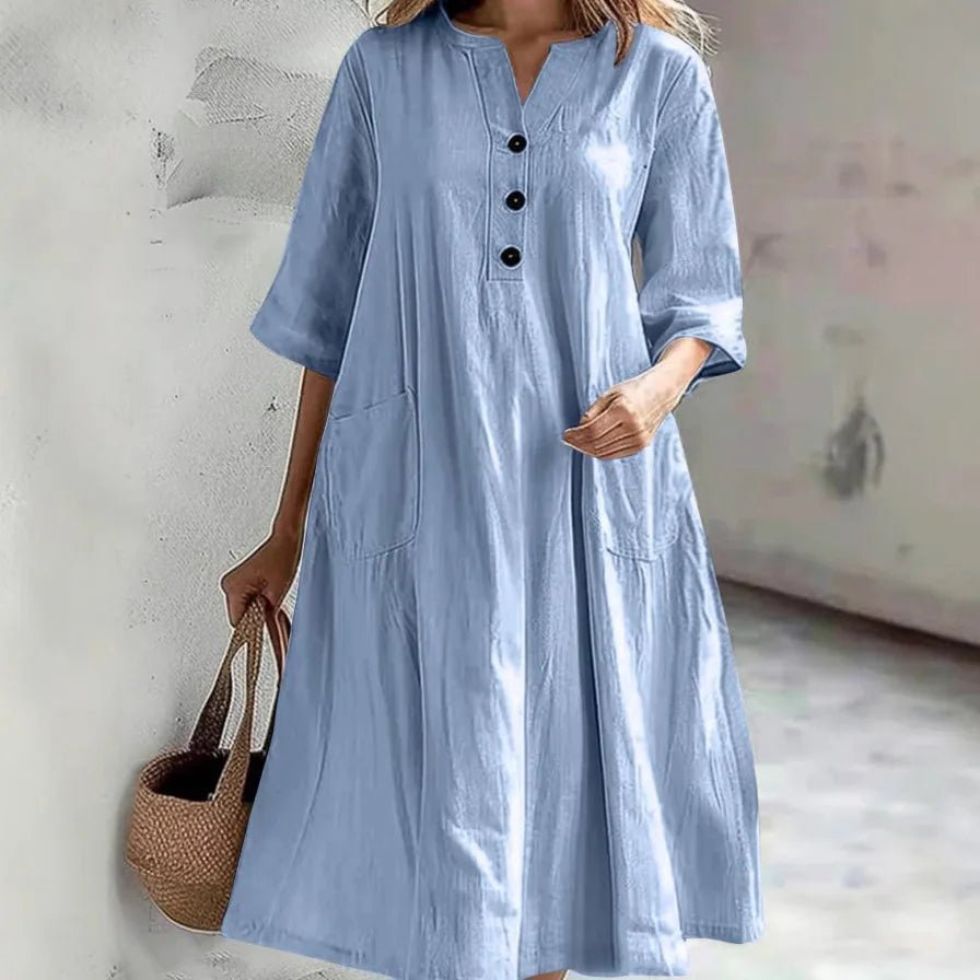 Casual Loose Cotton Long Dress Women Spring Summer 2025 Fashion Half Sleeve V - Neck Pocket Midi Dresses Elegant Party Vestidos - TheGlamTrend14:496;5:100014064PURPLESCasual Loose Cotton Long Dress Women Spring Summer 2025 Fashion Half Sleeve V - Neck Pocket Midi Dresses Elegant Party Vestidos