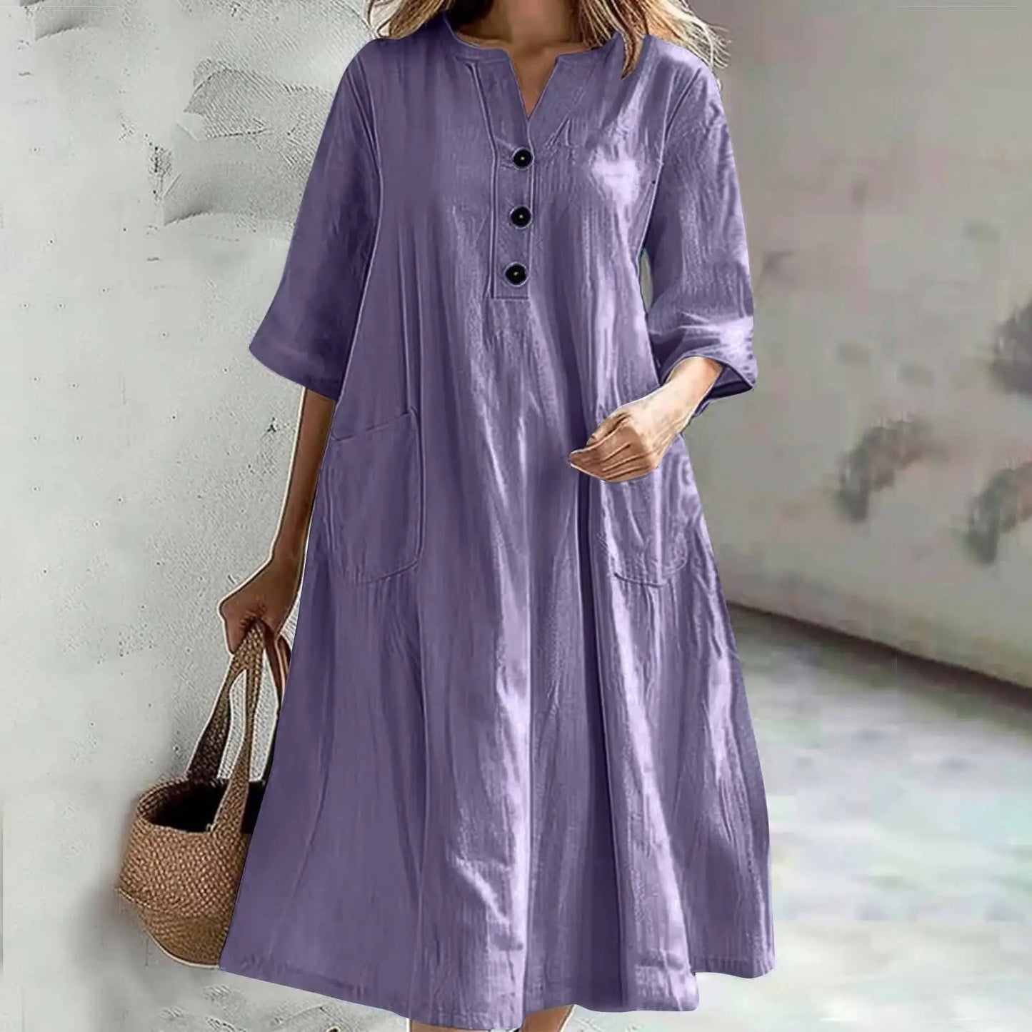 Casual Loose Cotton Long Dress Women Spring Summer 2025 Fashion Half Sleeve V - Neck Pocket Midi Dresses Elegant Party Vestidos - TheGlamTrend14:496;5:100014064PURPLESCasual Loose Cotton Long Dress Women Spring Summer 2025 Fashion Half Sleeve V - Neck Pocket Midi Dresses Elegant Party Vestidos