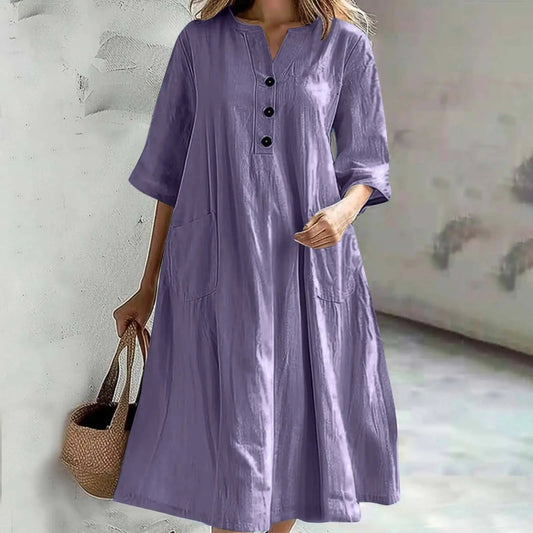 Casual Loose Cotton Long Dress Women Spring Summer 2025 Fashion Half Sleeve V - Neck Pocket Midi Dresses Elegant Party Vestidos - TheGlamTrend14:496;5:100014064PURPLESCasual Loose Cotton Long Dress Women Spring Summer 2025 Fashion Half Sleeve V - Neck Pocket Midi Dresses Elegant Party Vestidos