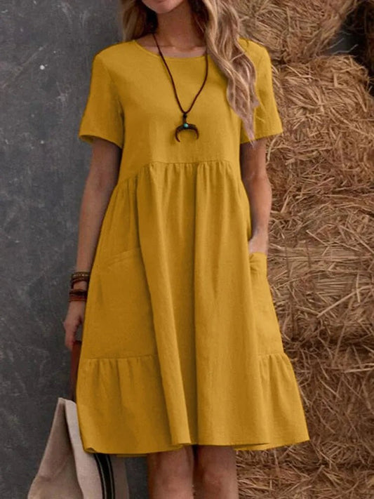 Casual Loose Solid Color Short Dresses For Women 2024 Summer Simple A - Line Pocket Midi Dress Elegant Vintage Female Dresses - TheGlamTrend14:173Yellow;5:100014064YellowSCasual Loose Solid Color Short Dresses For Women 2024 Summer Simple A - Line Pocket Midi Dress Elegant Vintage Female Dresses
