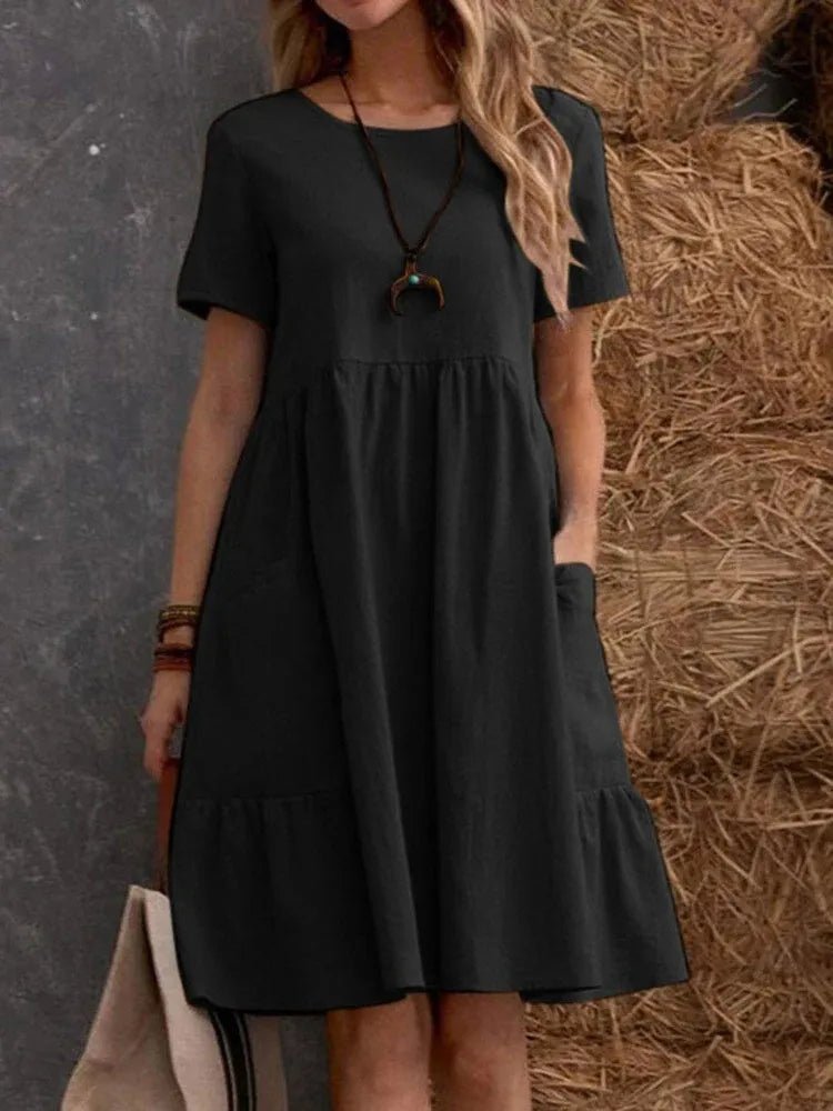 Casual Loose Solid Color Short Dresses For Women 2024 Summer Simple A - Line Pocket Midi Dress Elegant Vintage Female Dresses - TheGlamTrend14:193;5:361386blackMCasual Loose Solid Color Short Dresses For Women 2024 Summer Simple A - Line Pocket Midi Dress Elegant Vintage Female Dresses