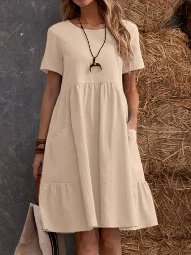 Casual Loose Solid Color Short Dresses For Women 2024 Summer Simple A - Line Pocket Midi Dress Elegant Vintage Female Dresses - TheGlamTrend14:200001438;5:100014065KhakiXLCasual Loose Solid Color Short Dresses For Women 2024 Summer Simple A - Line Pocket Midi Dress Elegant Vintage Female Dresses