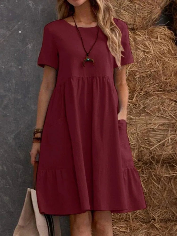 Casual Loose Solid Color Short Dresses For Women 2024 Summer Simple A - Line Pocket Midi Dress Elegant Vintage Female Dresses - TheGlamTrend14:200002984;5:100014064BurgundySCasual Loose Solid Color Short Dresses For Women 2024 Summer Simple A - Line Pocket Midi Dress Elegant Vintage Female Dresses