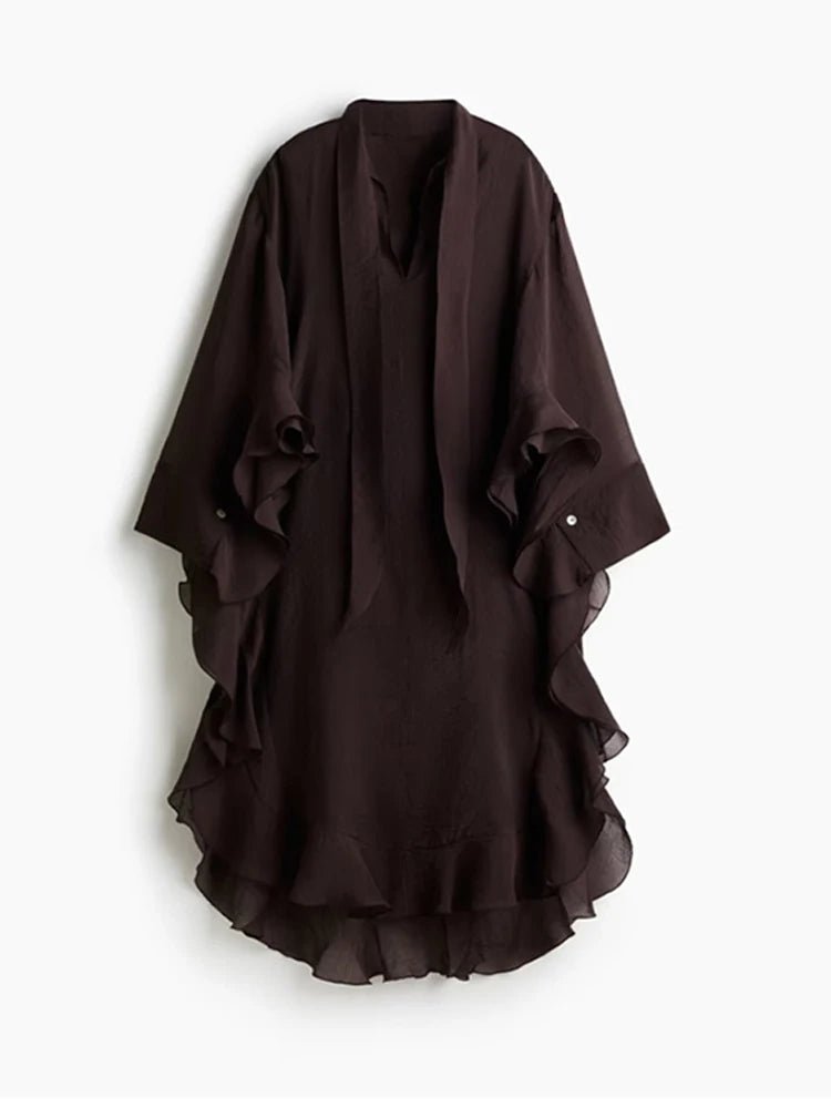 Casual Ruffles Long Dress Women Lace Up Batwing Full Sleeve Buttons V - neck Loose Brown Dresses 2025 Summer Holiday Beach Robes - TheGlamTrend14:200002130green;5:100014064greenSCasual Ruffles Long Dress Women Lace Up Batwing Full Sleeve Buttons V - neck Loose Brown Dresses 2025 Summer Holiday Beach Robes